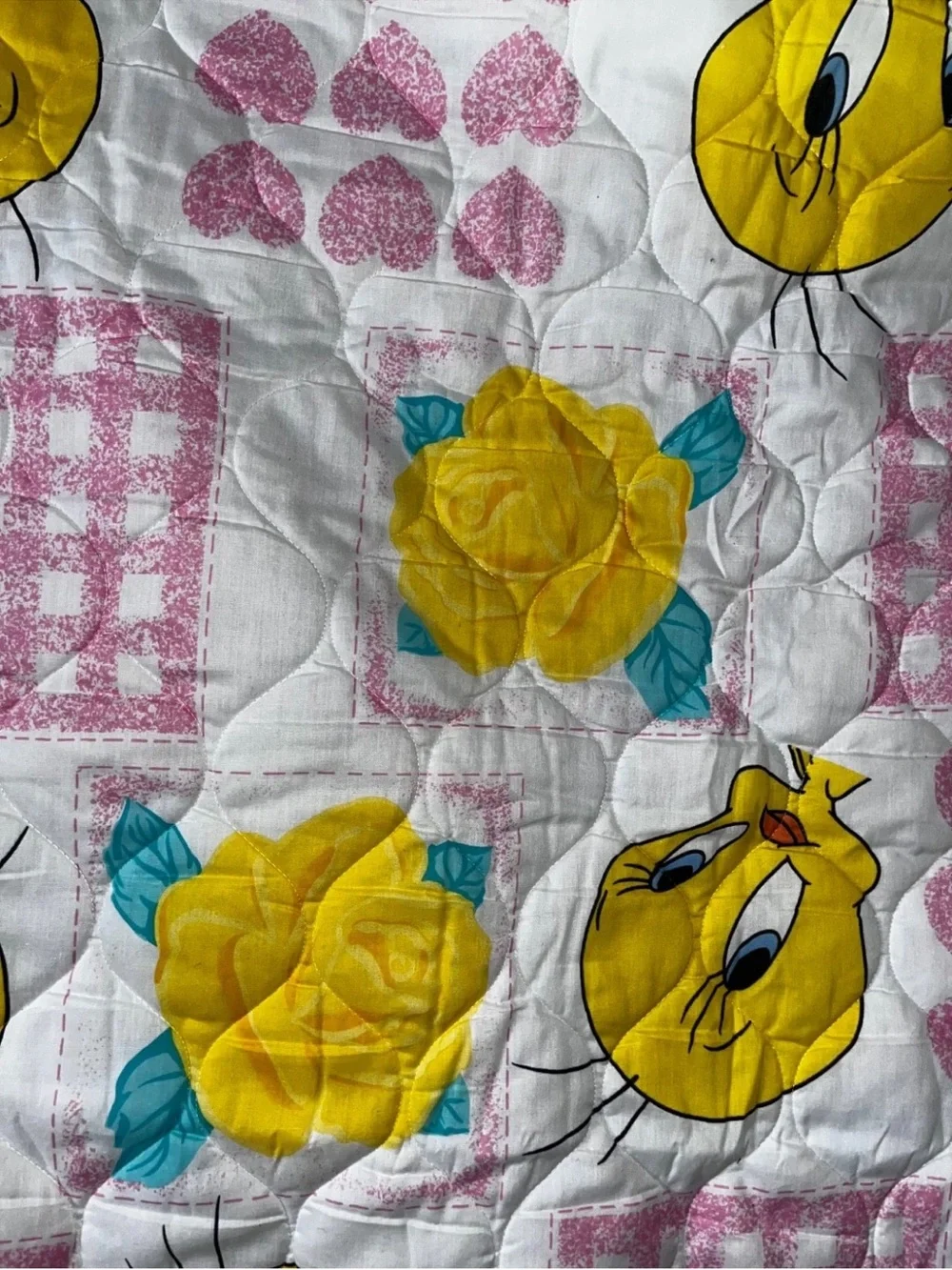 Vintage 90s Tweety Bird Head New Looney Tunes Quilt Baby Blanket Pink Hearts New